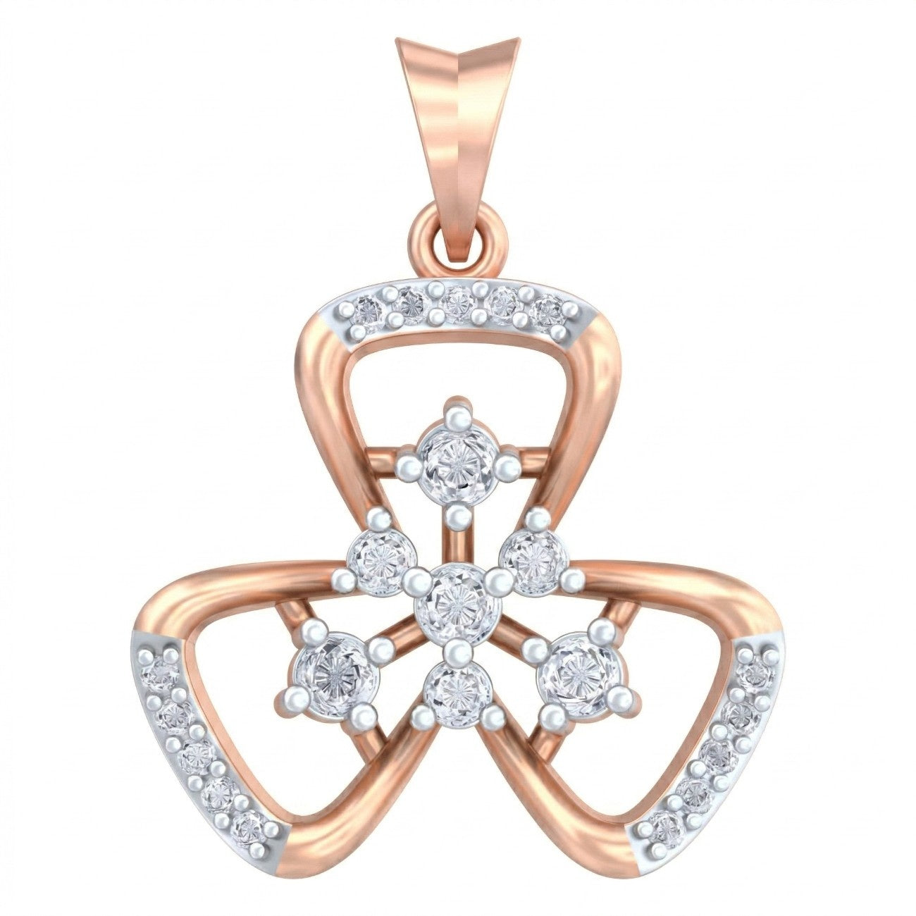 Rose gold and diamond floral pendant on white background