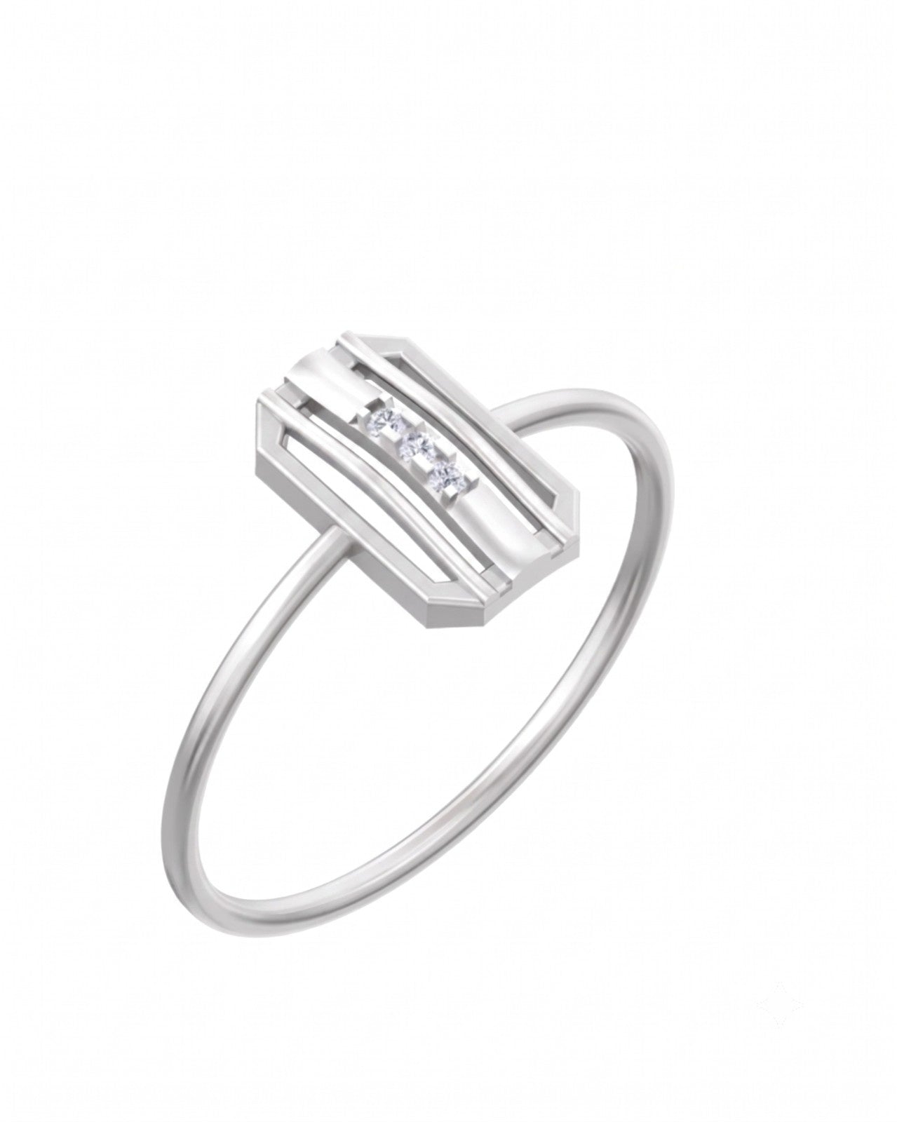White gold ring with diamond accents on a white background