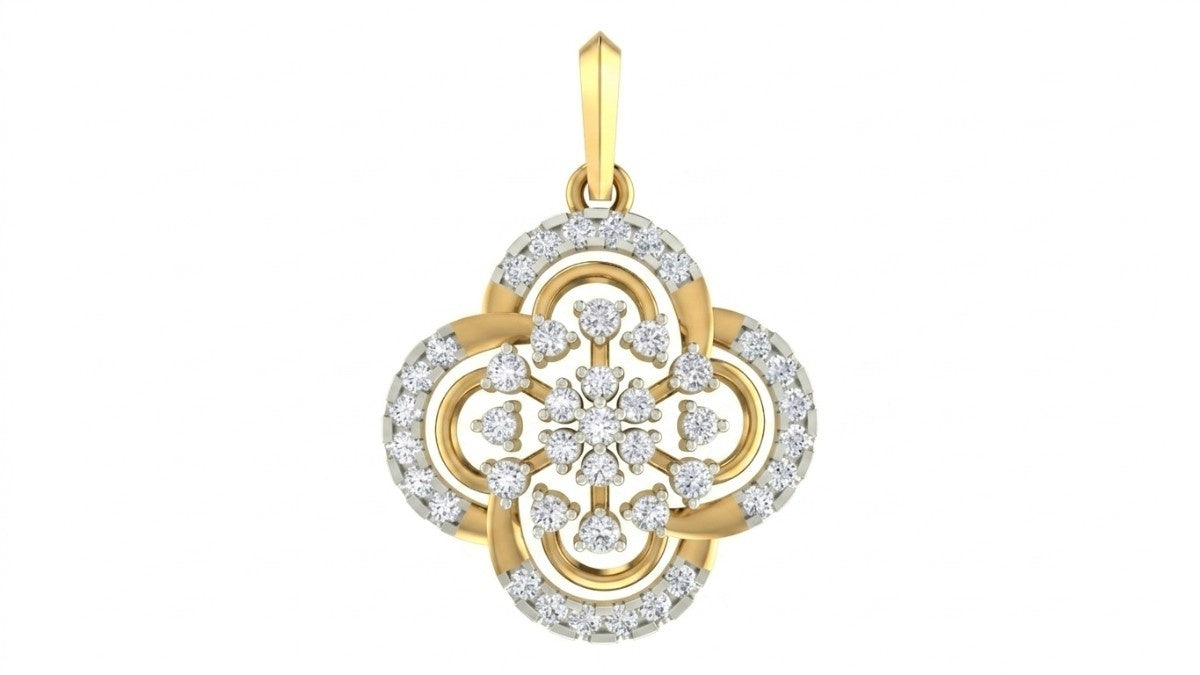 Yellow gold and diamond floral pendant on white background
