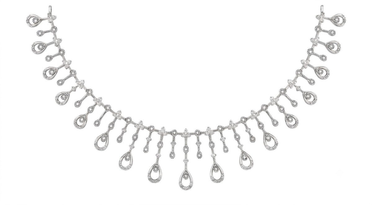 A white gold and diamond necklace featuring a series of teardrop-shaped dangling drops, displayed against a solid white background.