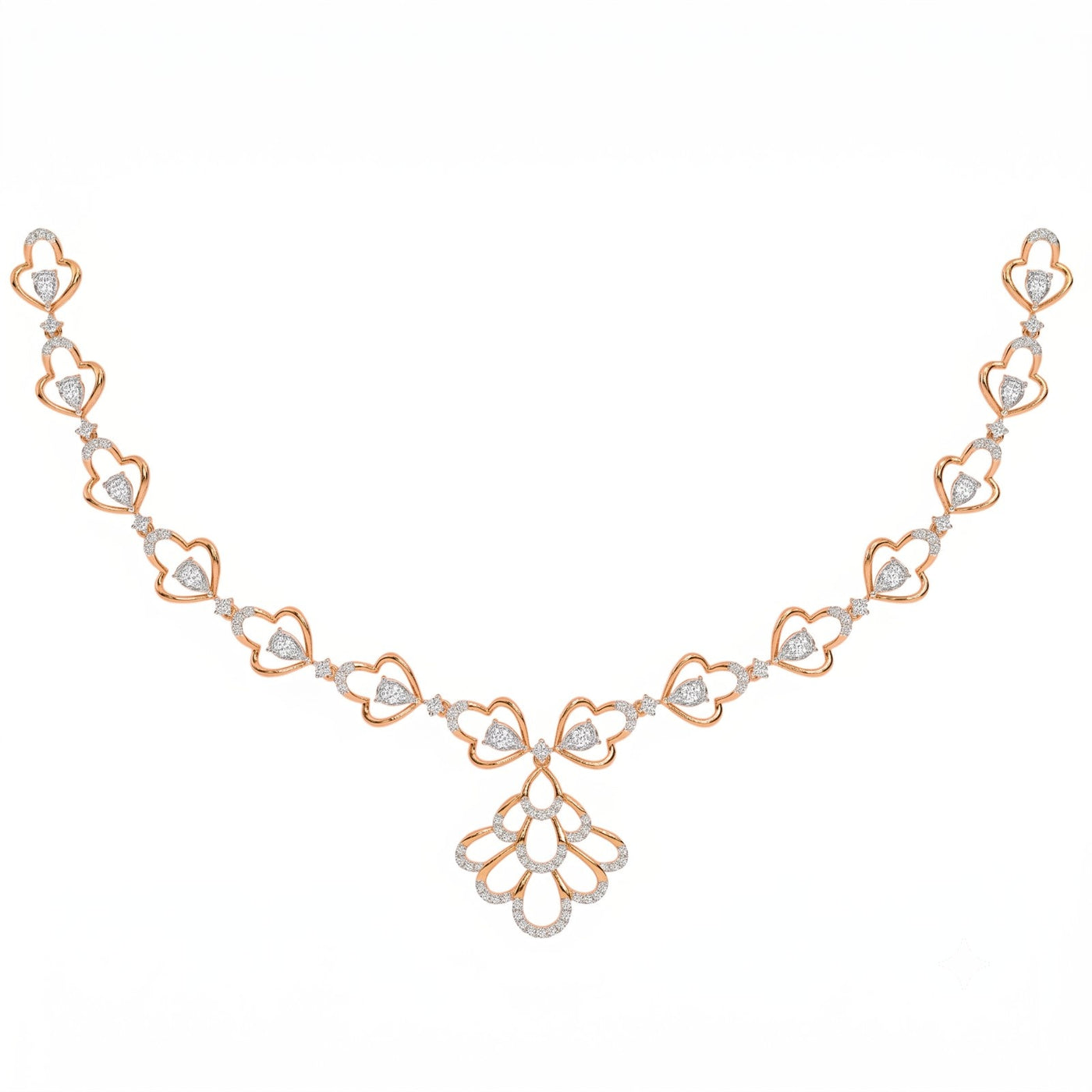 A rose gold and diamond necklace, featuring a floral design on a plain white background.