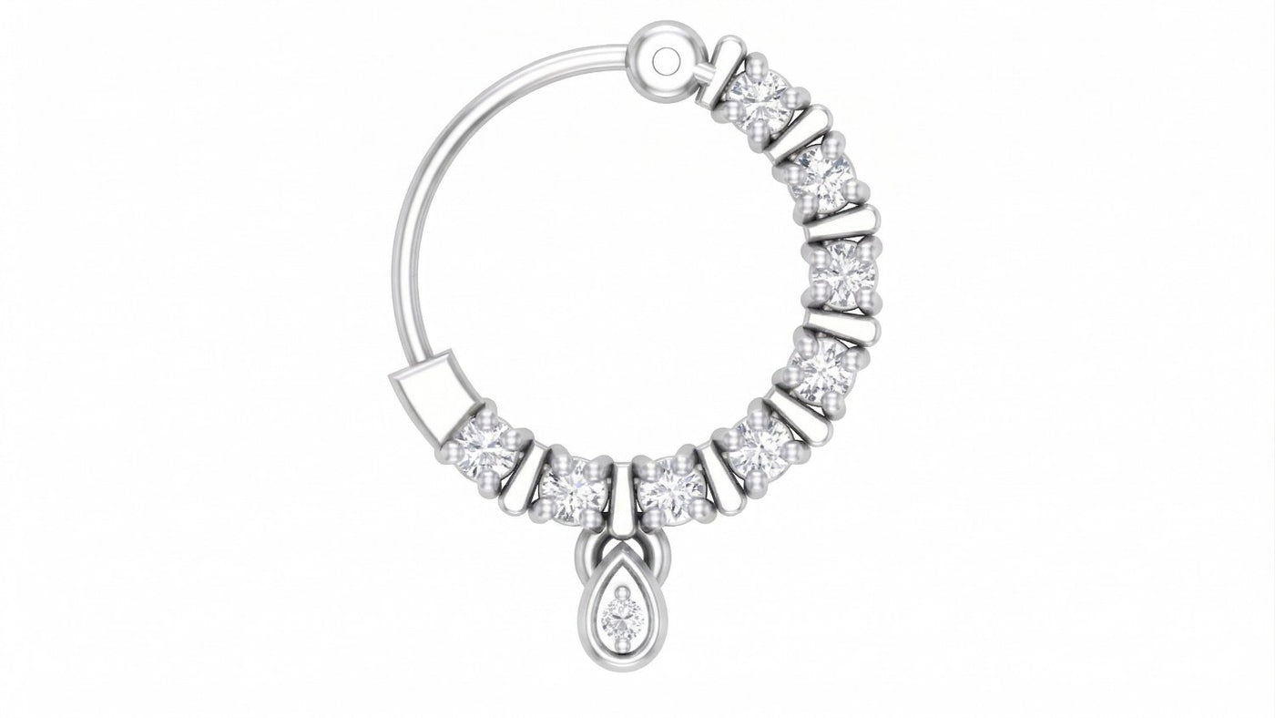 White gold and diamond nose ring with clear gemstones on a white background
