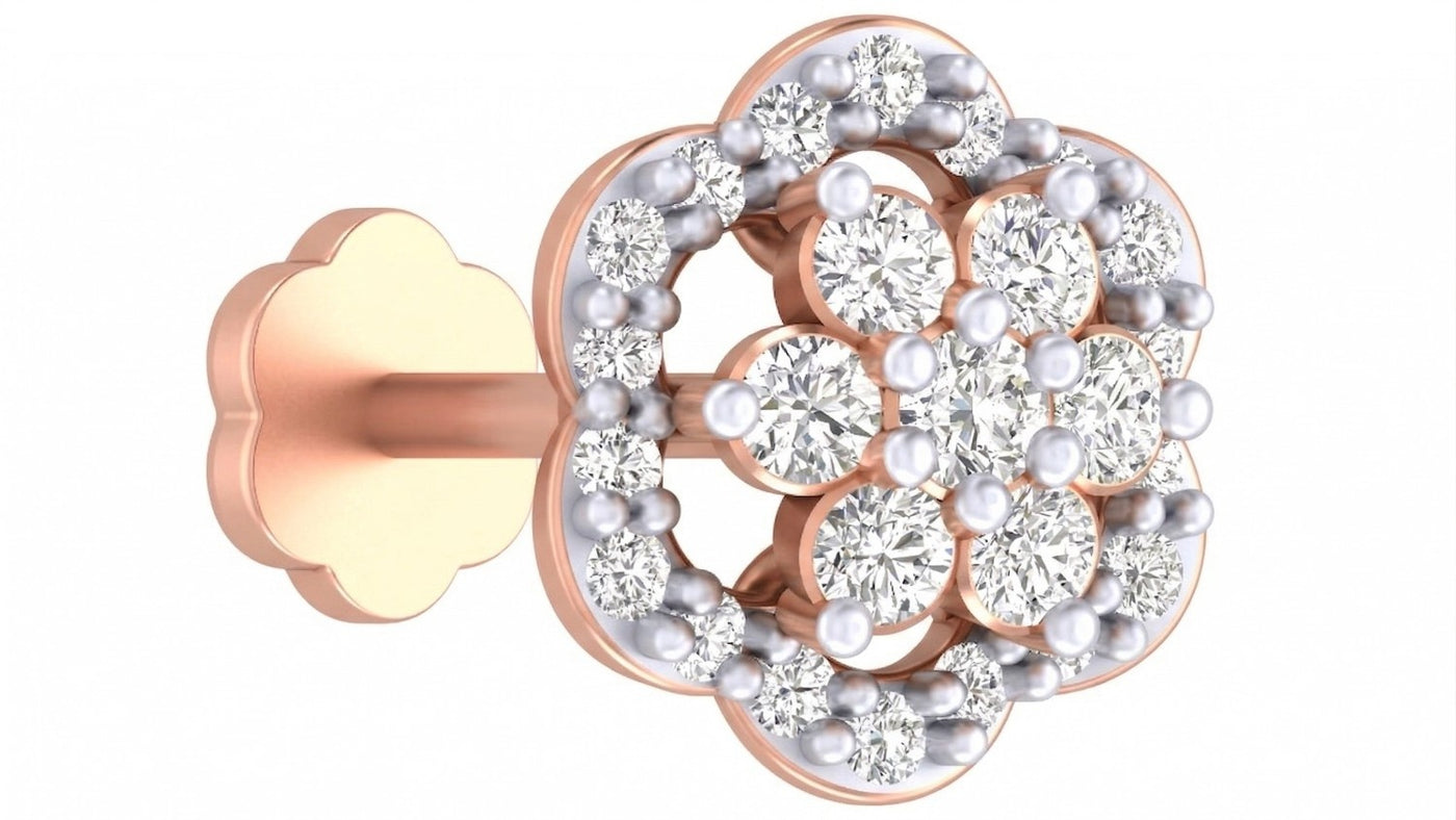 rose gold and diamond stud nose pin on a white background