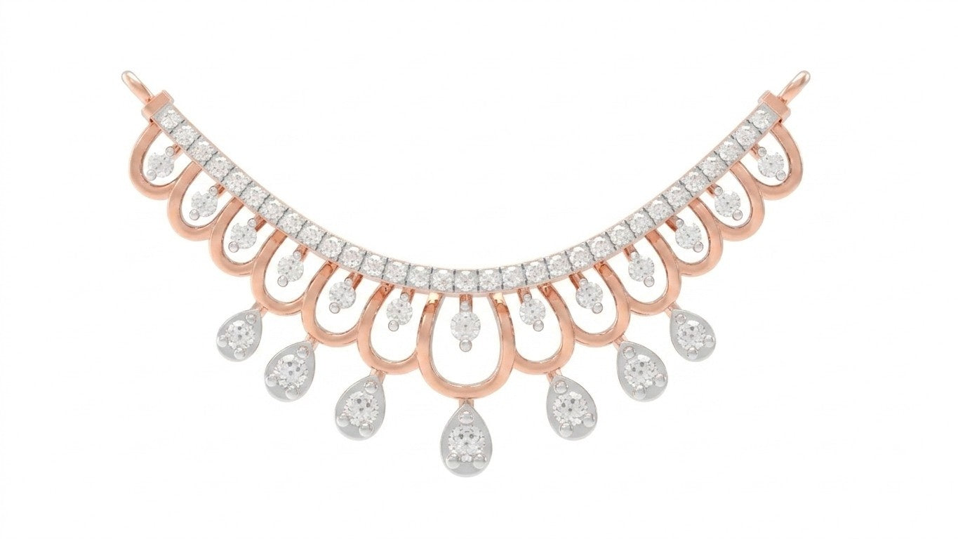 A rose gold and diamond mangalsutra adorned with clear pavé diamonds and dangling teardrop-shaped diamond charms, shown against a plain white background.