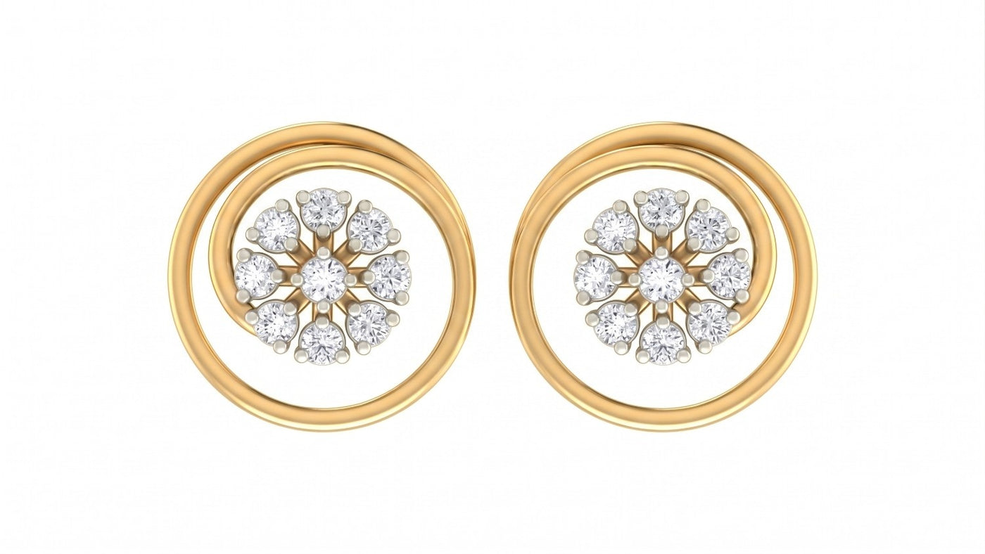 Yellow gold and diamond stud earrings with circular designs on a white background