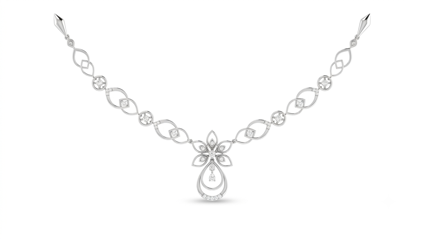 white gold and diamond necklace with floral design on a white background
