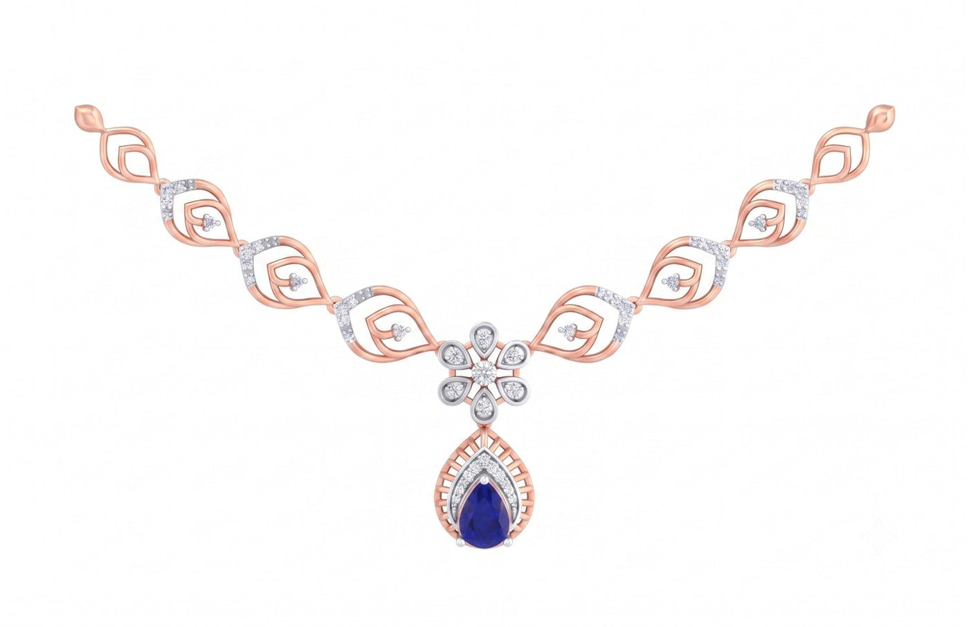 A rose gold and diamond necklace featuring a teardrop-shaped blue sapphire gemstone, on a white background.