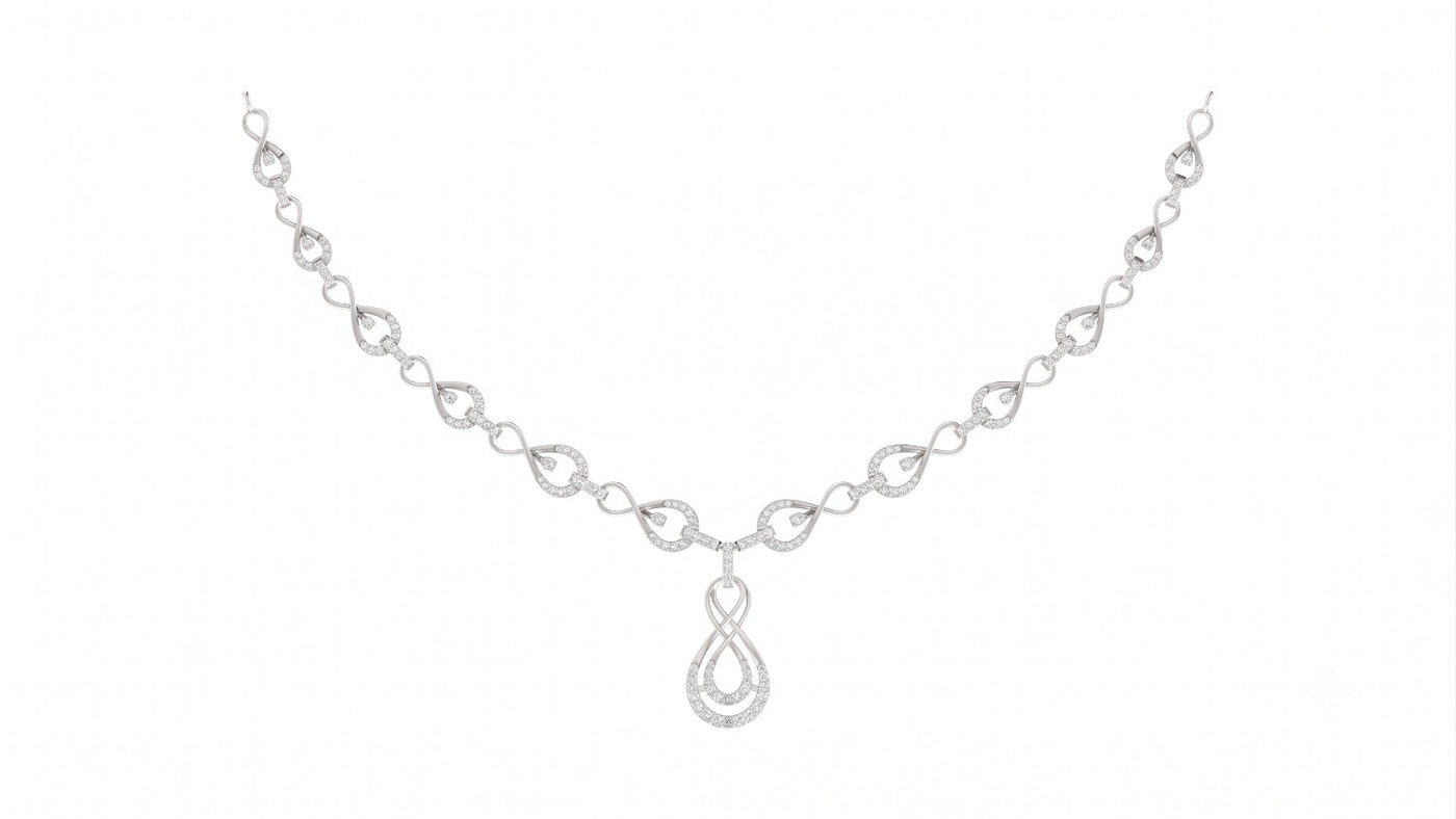 A white gold and diamond with an infinity design, displayed on a clean white background.