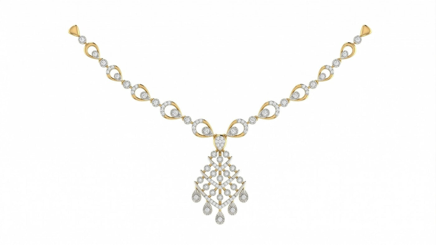 Yellow gold and diamond necklace on a white background