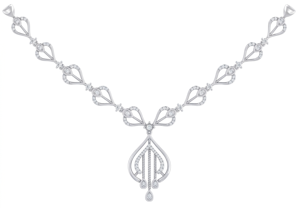 White  gold and diamond necklace with openwork leaf links and an intricate chandelier drop.