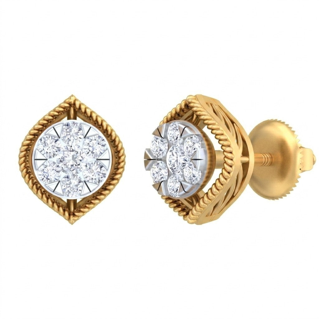 Pair of yellow gold and diamond stud earrings on a white background