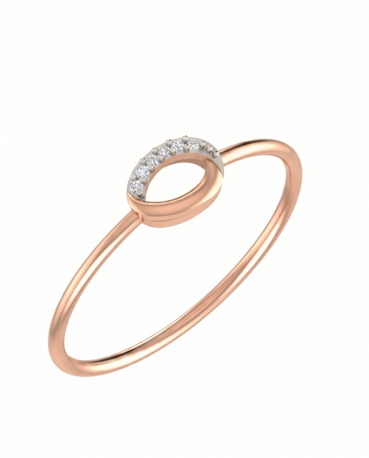 Rose gold ring with a small circular gemstone on a white background
