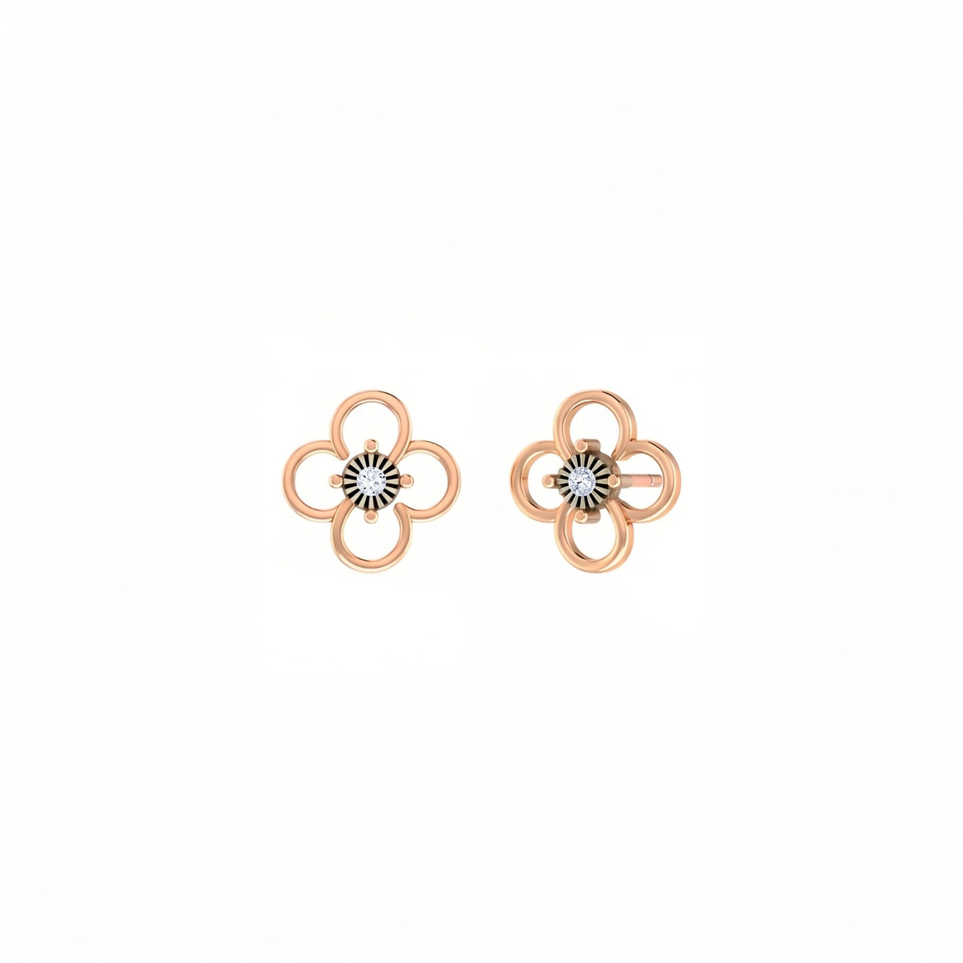 Rose gold and diamond floral earrings on a white background.