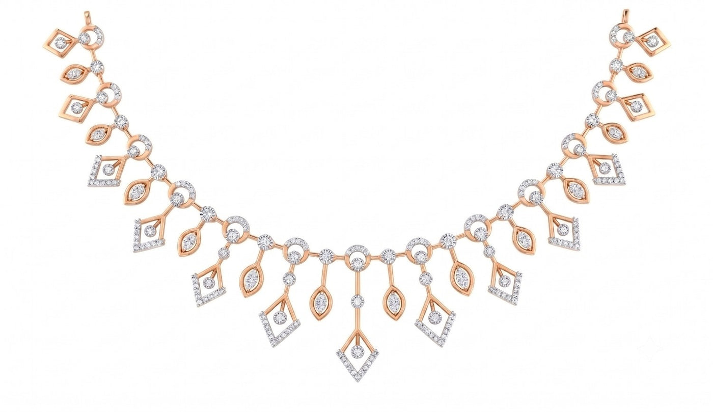 A rose gold and diamond necklace featuring a symmetrical design of teardrop, displayed on a clean white background.