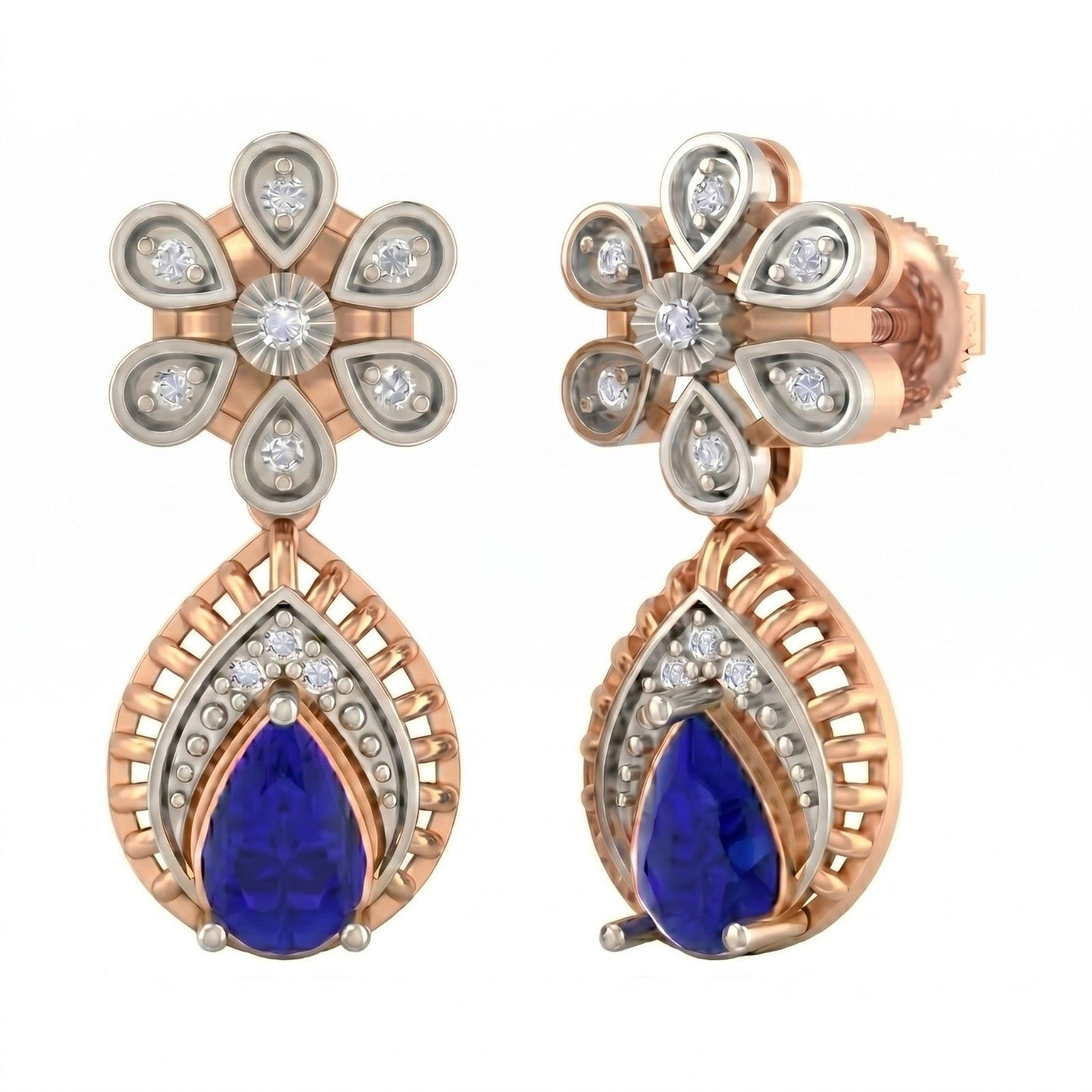 Rose gold and diamond drop earrings with sapphire gemstones on a white background