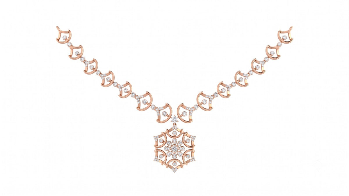 A rose gold and diamond necklace featuring a central geometric, displayed on a solid white background.
