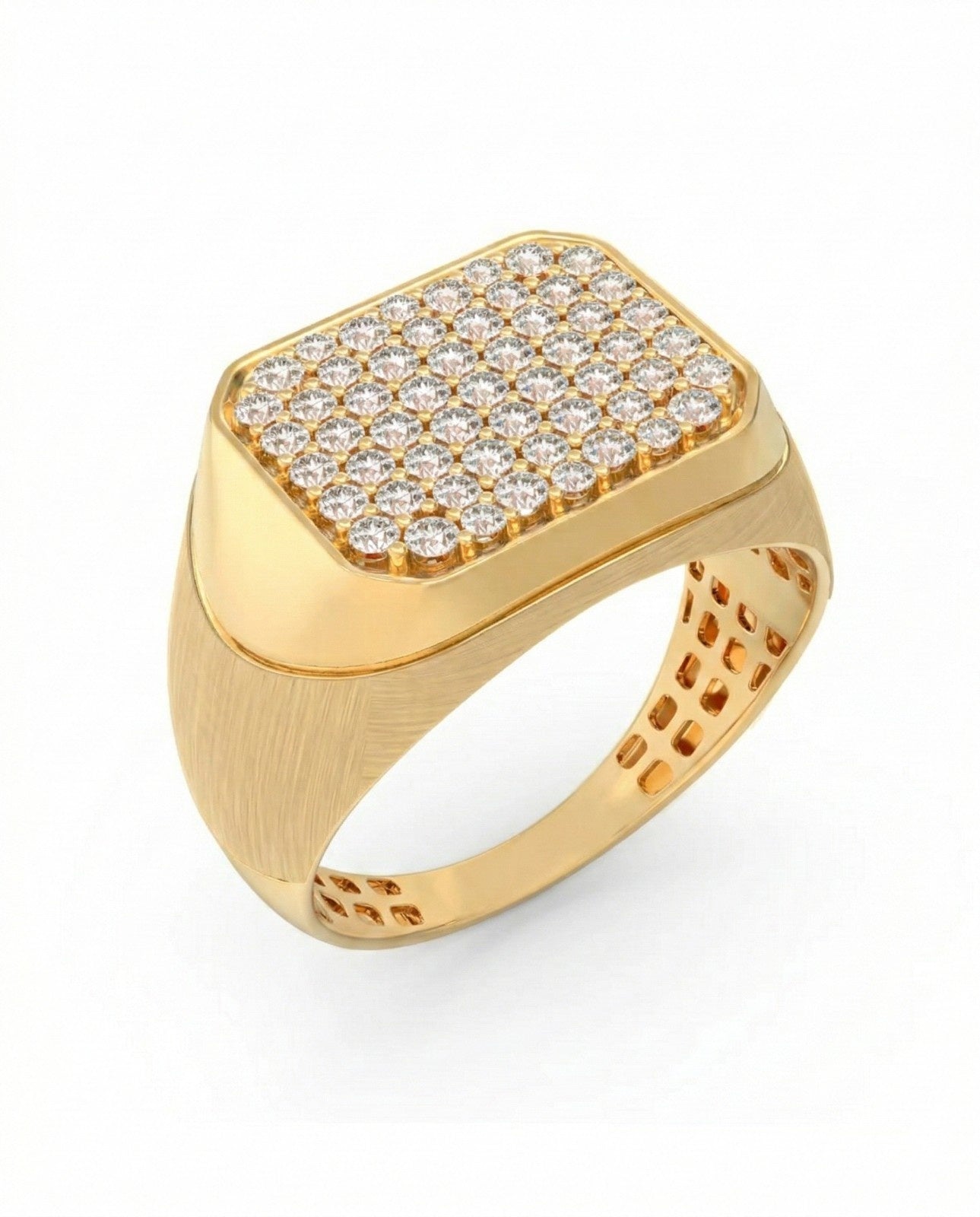 Yelllow gold ring with diamond-studded band on a white background