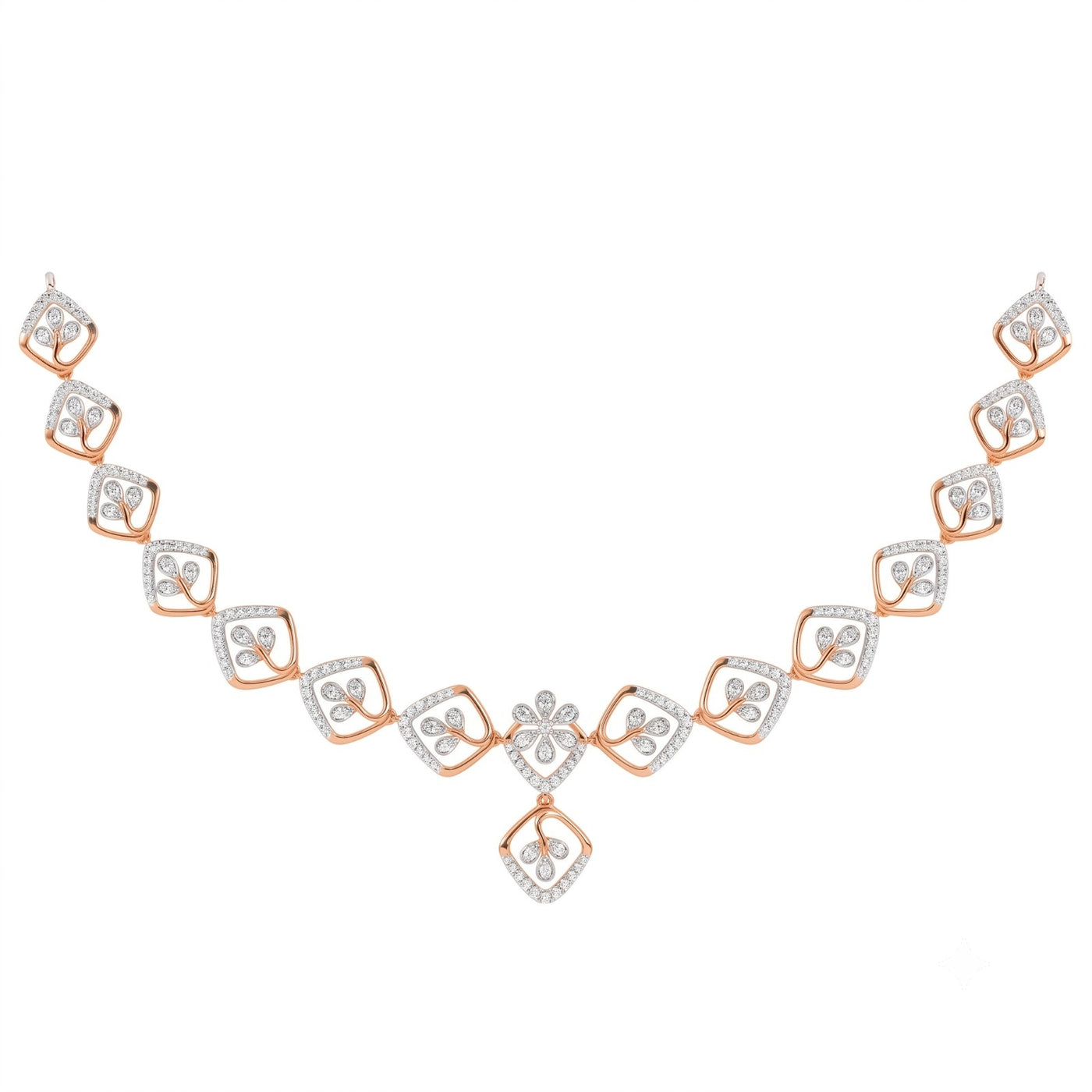 A rose gold and diamond necklace featuring a symmetrical geometric design, displayed on a solid white background.