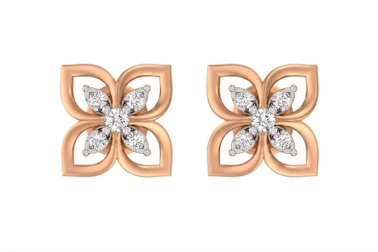 Rose gold and diamond earrings with floral design on a white background.