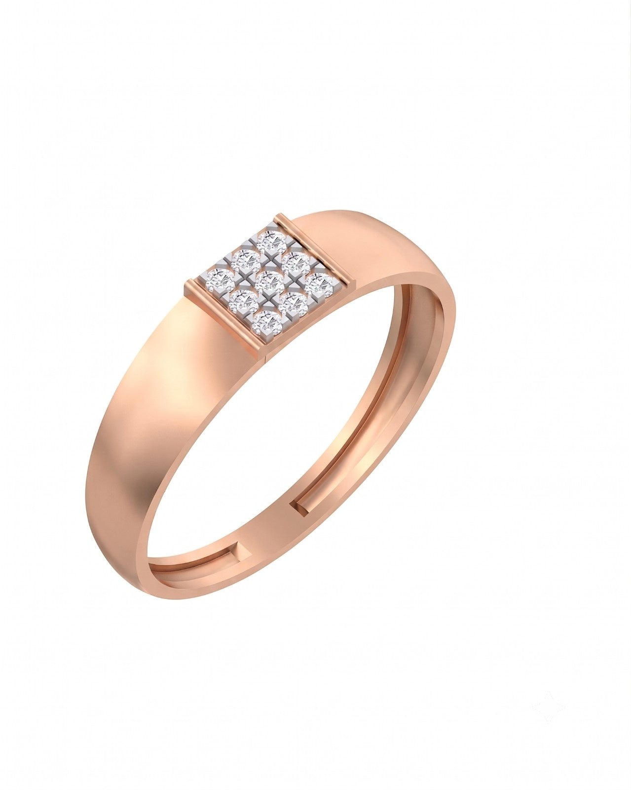A rose gold ring with a square-shaped diamond setting on a plain white background.
