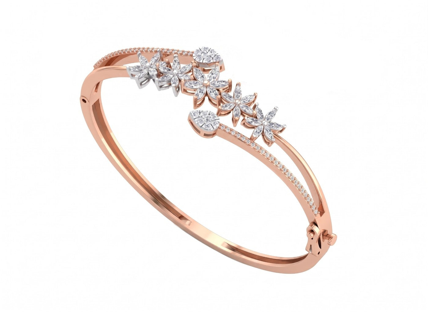 Rose Gold bangle bracelet with cascading diamond floral clusters and a pavé-set band.