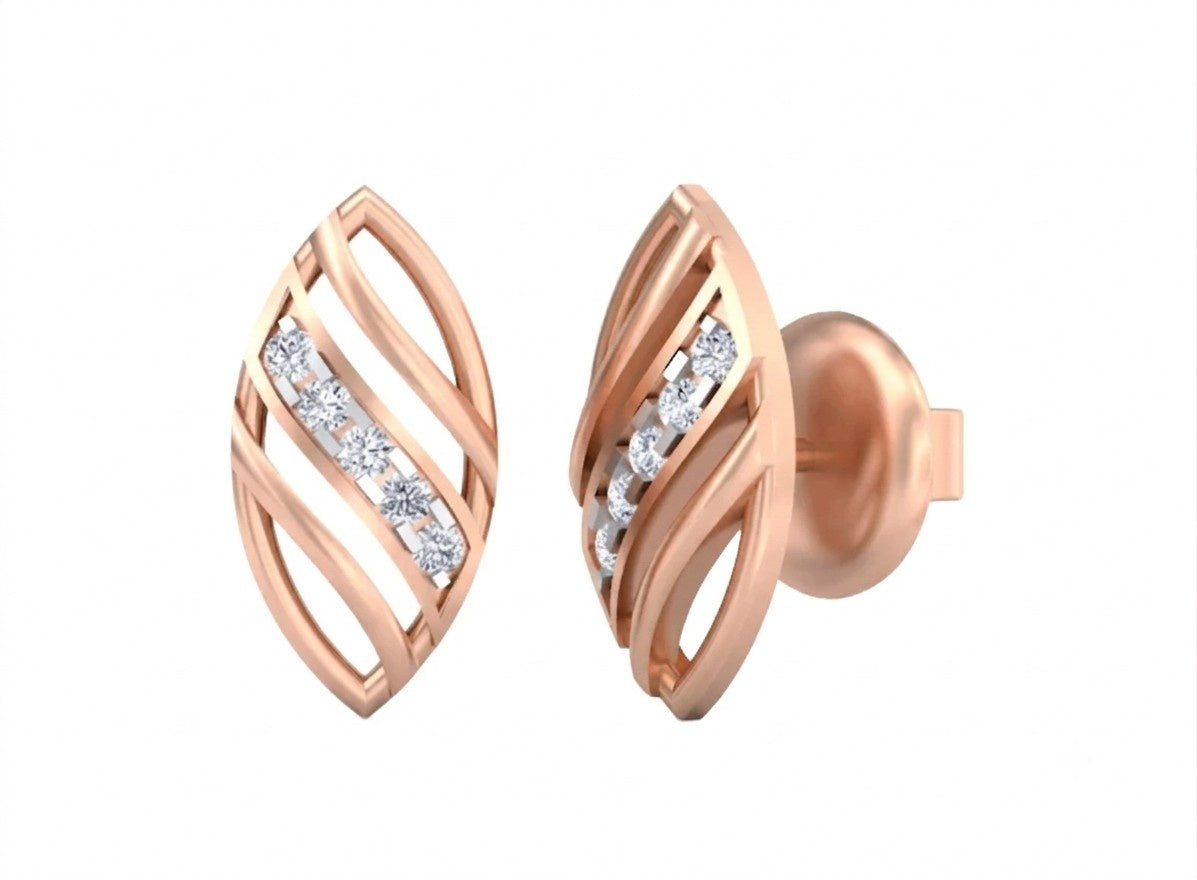 Rose gold and diamond stud earrings on a white background.