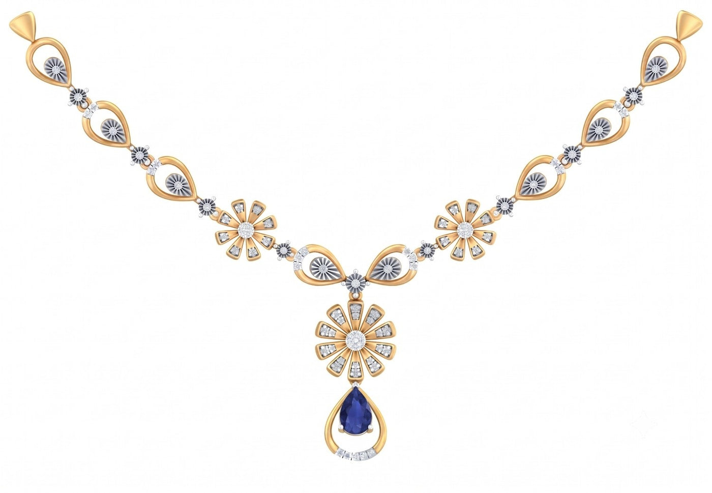 Yellow gold and diamond necklace with a teardrop-shaped blue sapphire gemstone, shown on a plain white background.