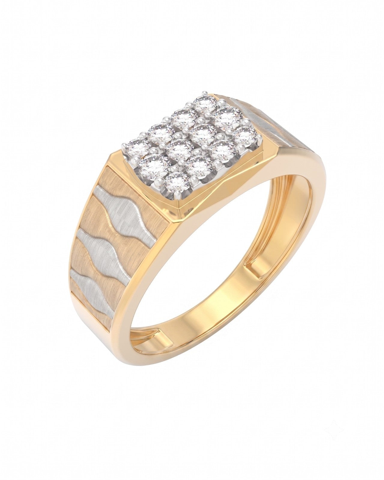 A men's yellow gold ring with a square diamond cluster, shown on a plain white background.