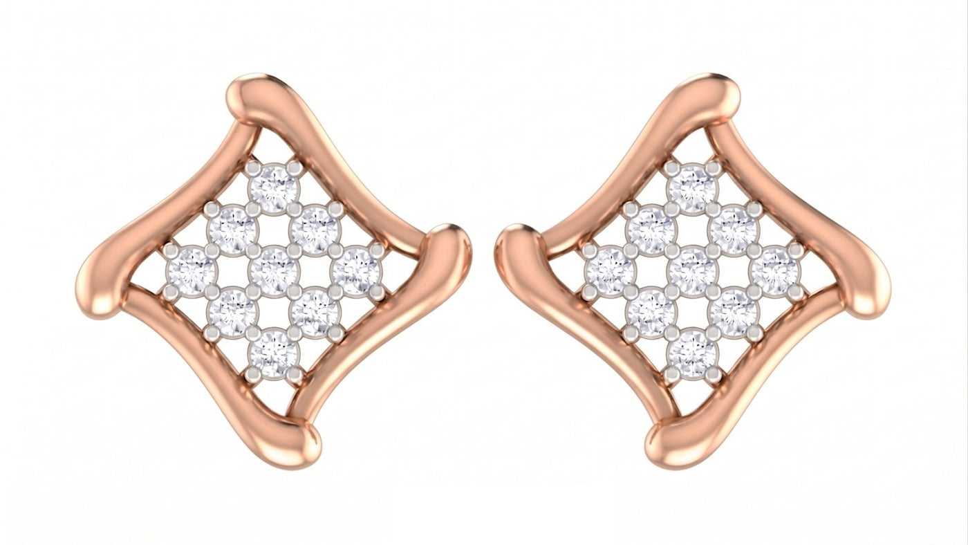 Rose gold and diamond stud  earrings on a white background.