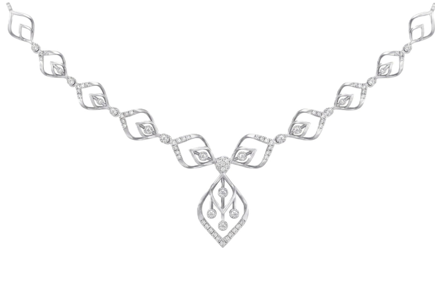 White gold necklace with diamond-like stones on a white background