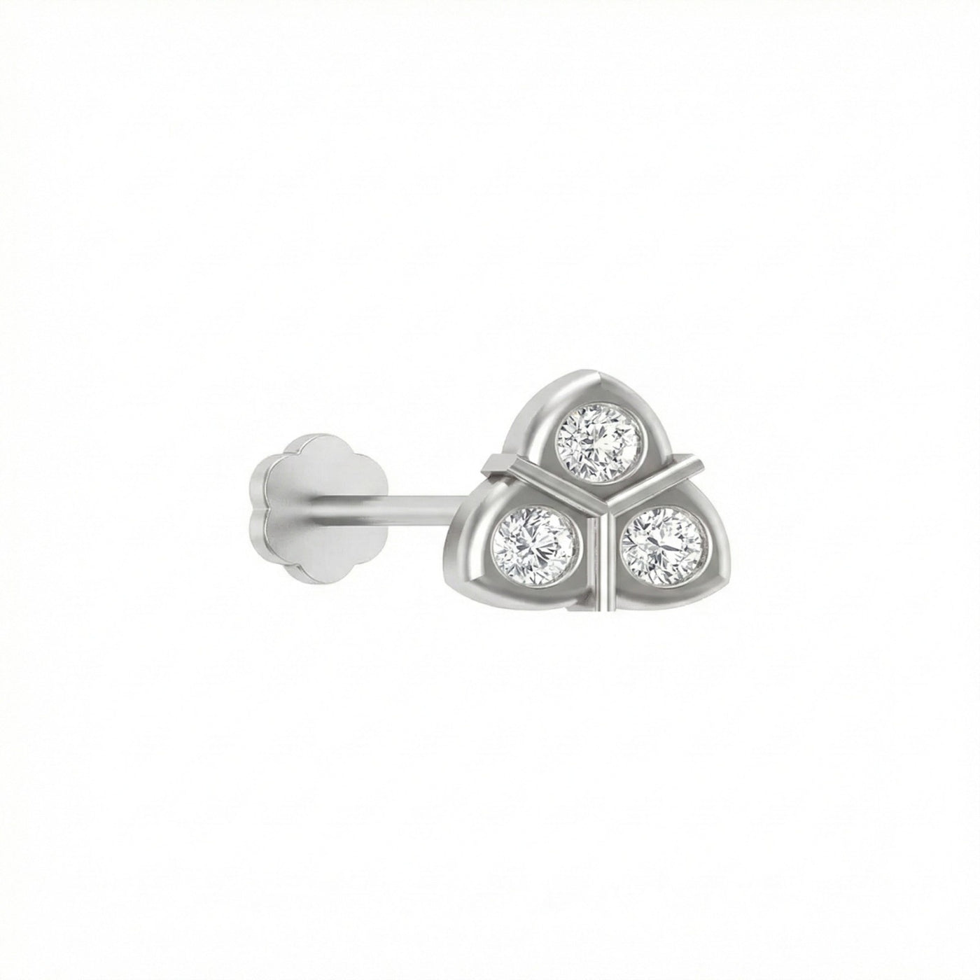 White gold and diamond stud nose pin with three clear gemstones on a white background