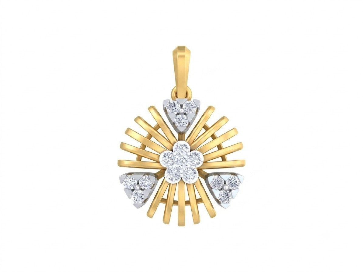 Yellow gold and diamond floral pendant on white background