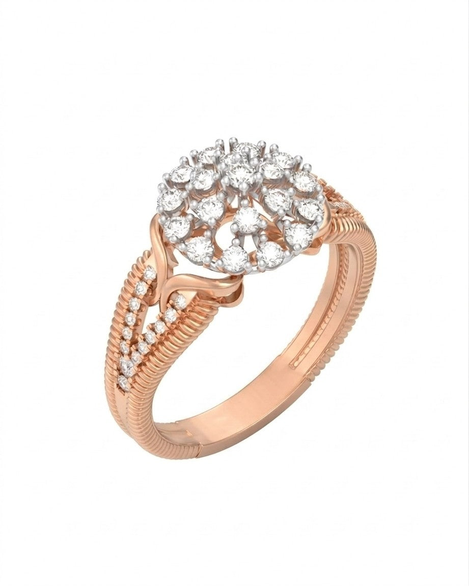 Rose gold ring with a diamond cluster on a white background