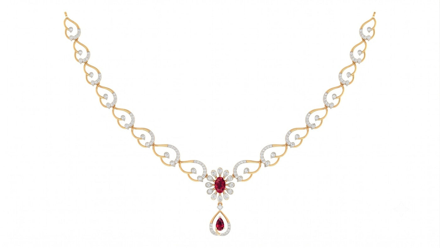 An elegant yellow gold and diamond necklace featuring a central red ruby flower motif on a white background.