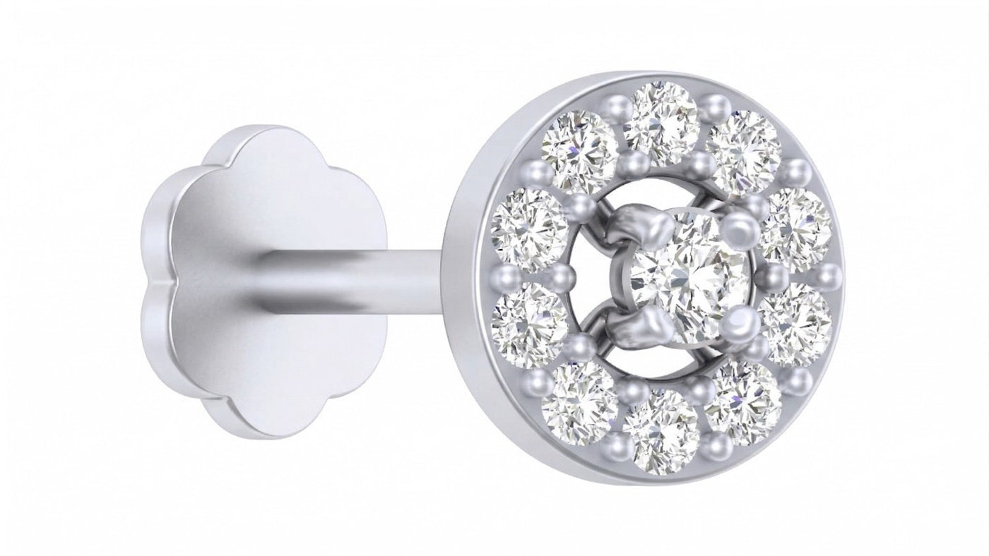 white gold and diamond stud nose pin with gemstones on a white background