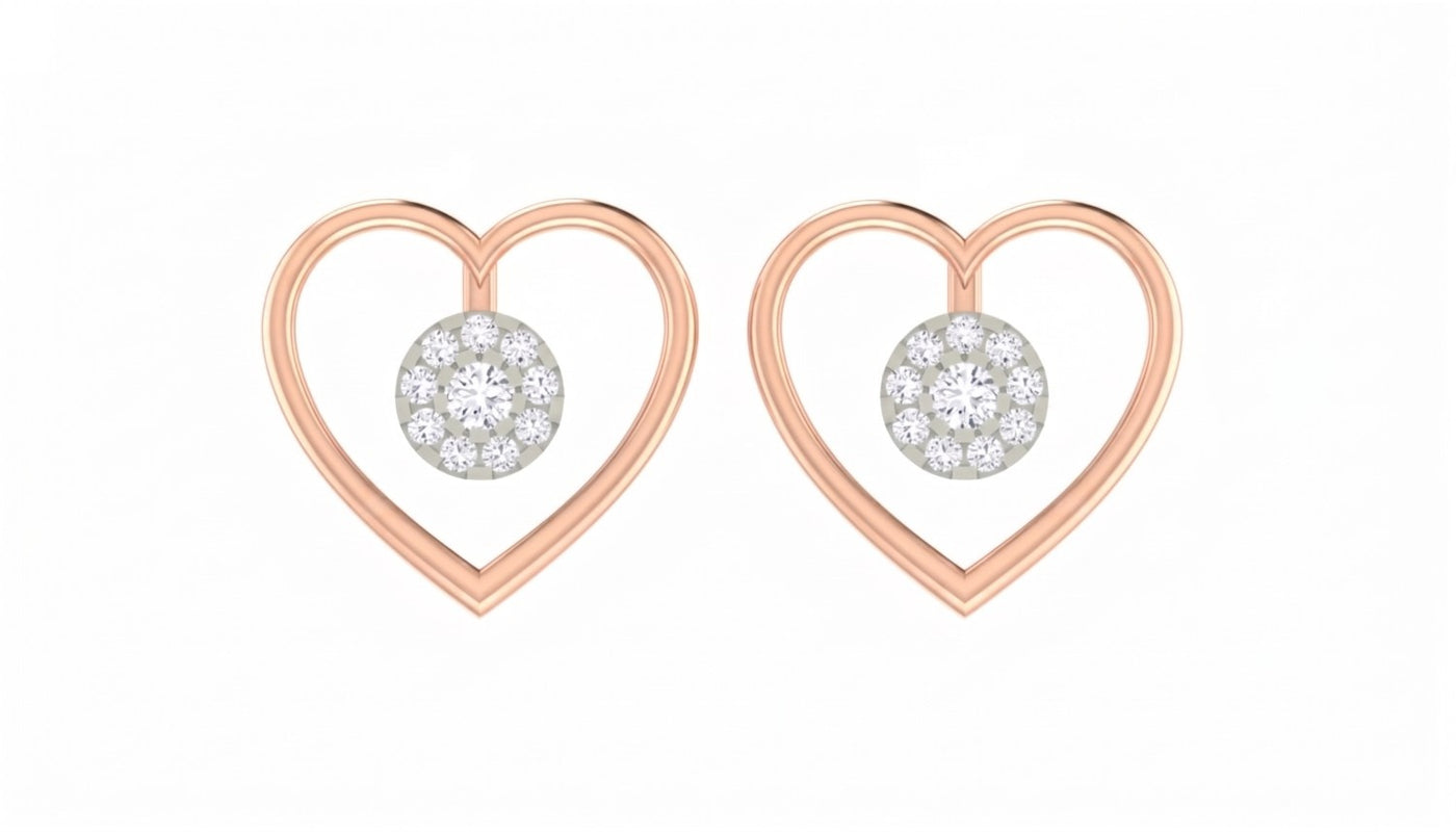 Heart-shaped earrings with rose gold frames on a white background