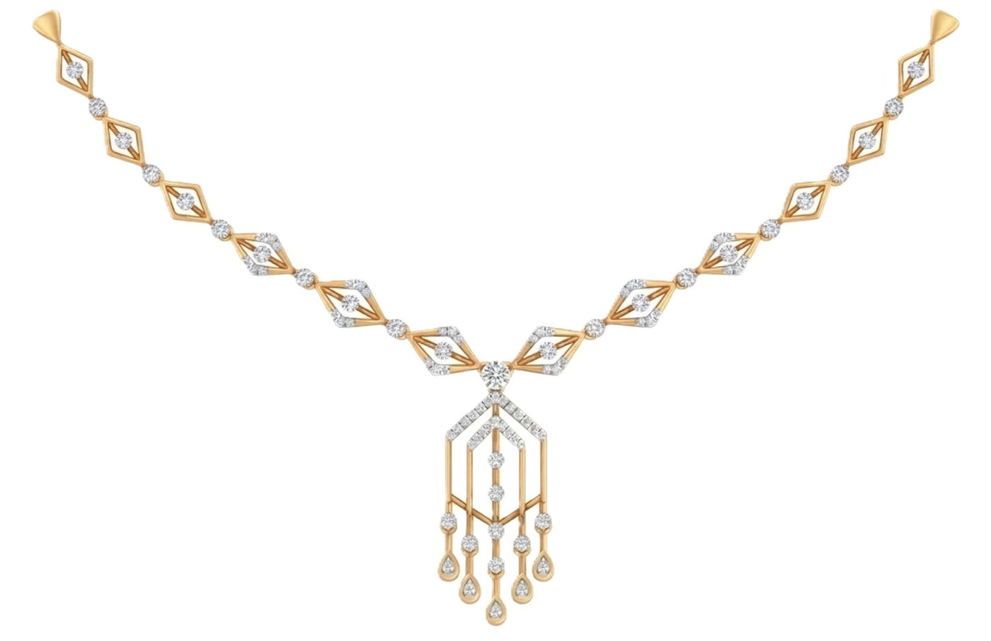 Yellow gold and diamond necklace on a white background
