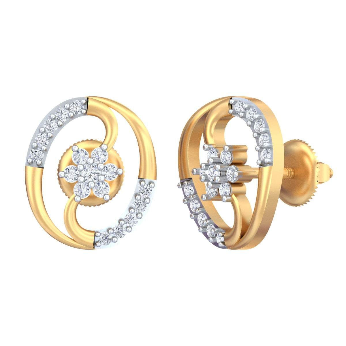Yellow gold and diamond stud earring with round-shaped on a white background.