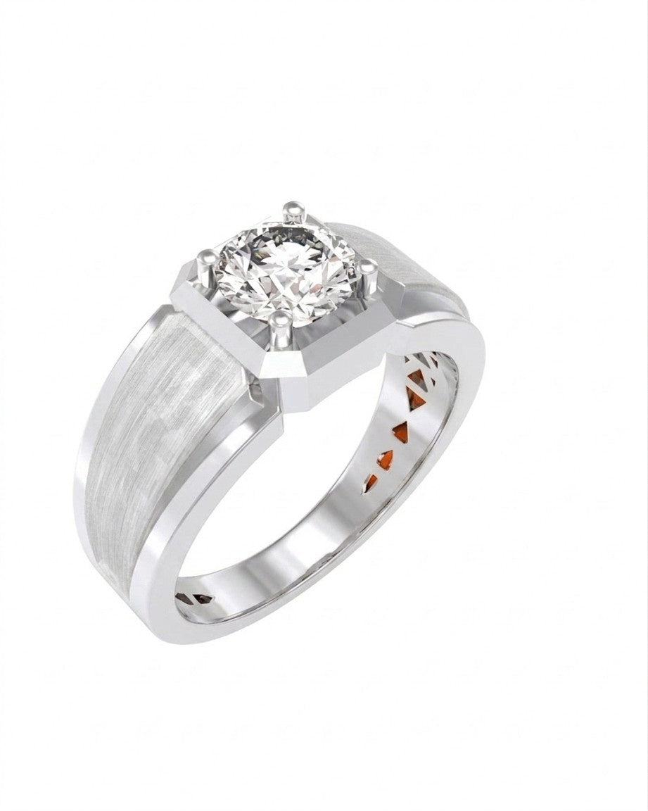 A diamond gold and diamond ring featuring a round-cut, shown on a plain white background.