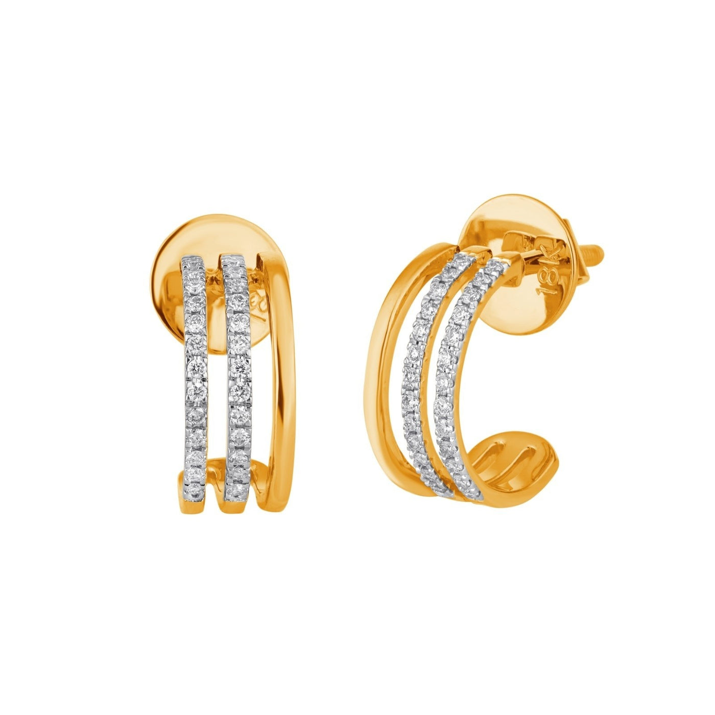 Gold & diamond double row half hoop stud earrings for women in yellow gold on a white background.