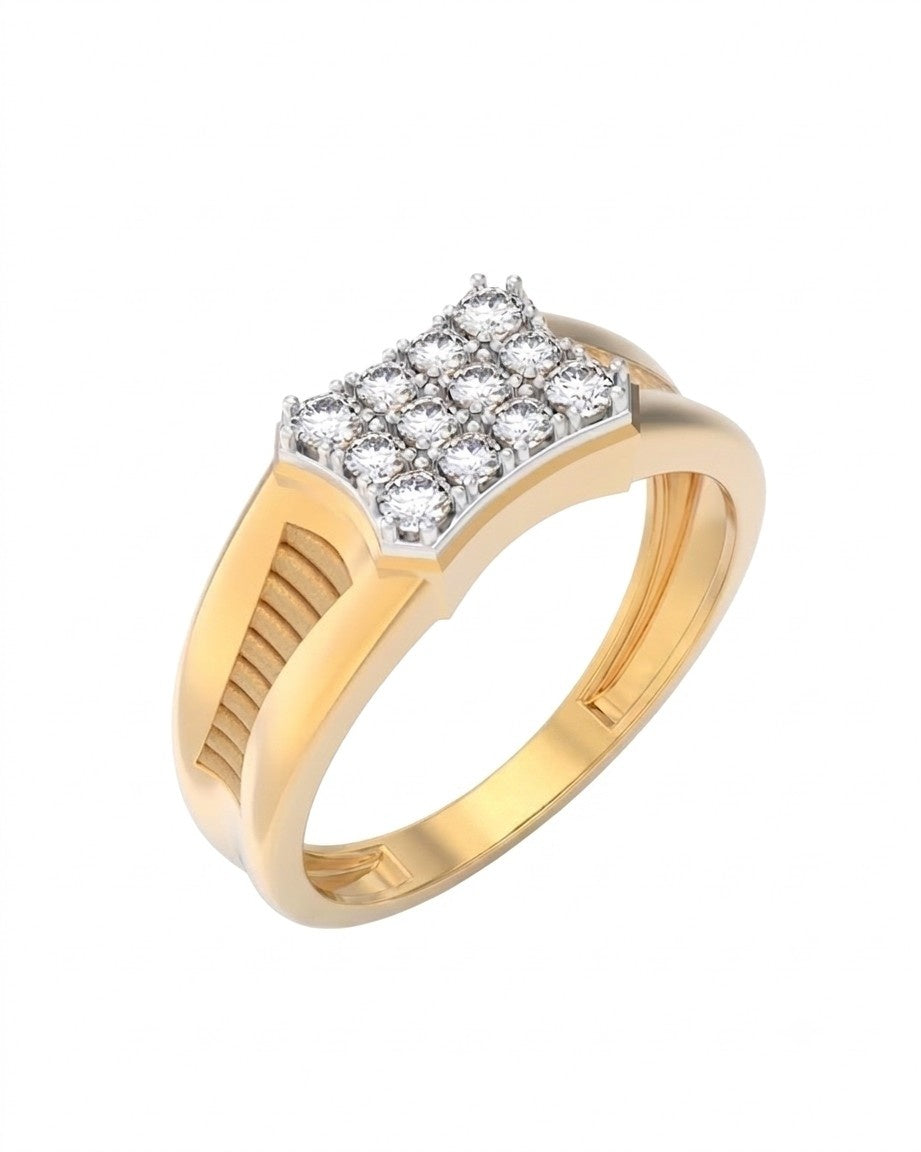 A yellow gold ring featuring a geometric diamond-shaped cluster of clear pavé-set stones on a white background.