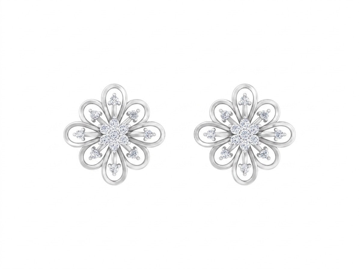 White gold and diamond stud earring with floral-design on a white background.