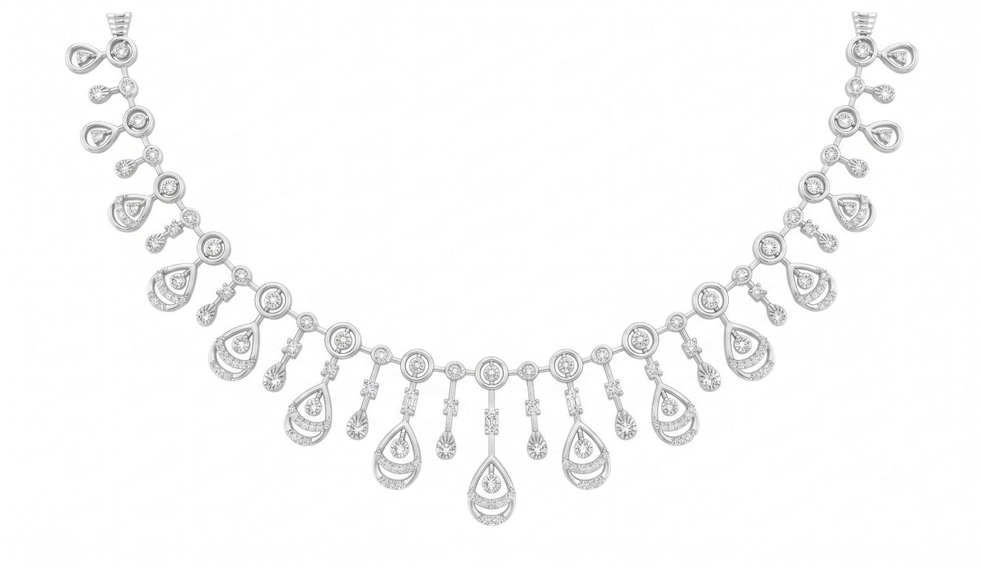 White gold and diamond necklace with teardrop-shaped diamond, displayed on a clean white background.