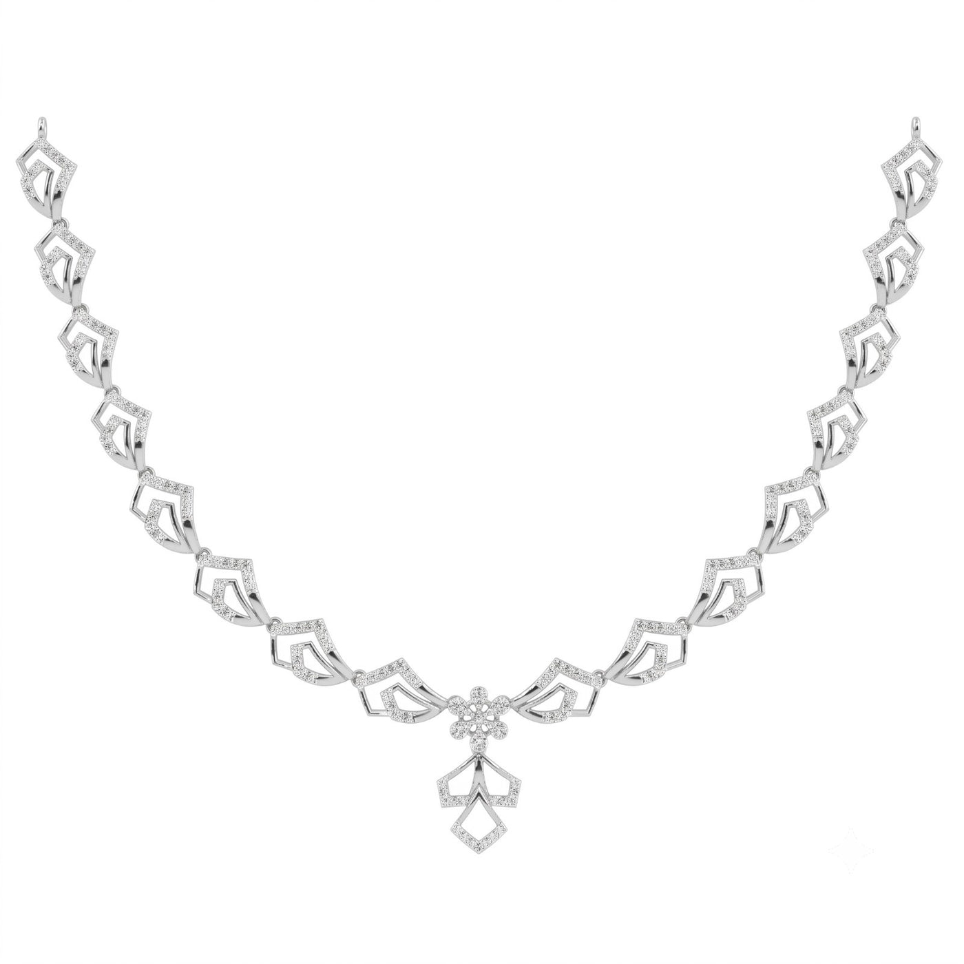 A white gold and diamond necklace, displayed on a solid white background.