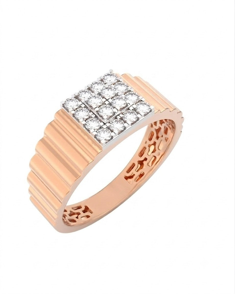 A rose gold ring featuring a square-shaped top, on a plain white background.