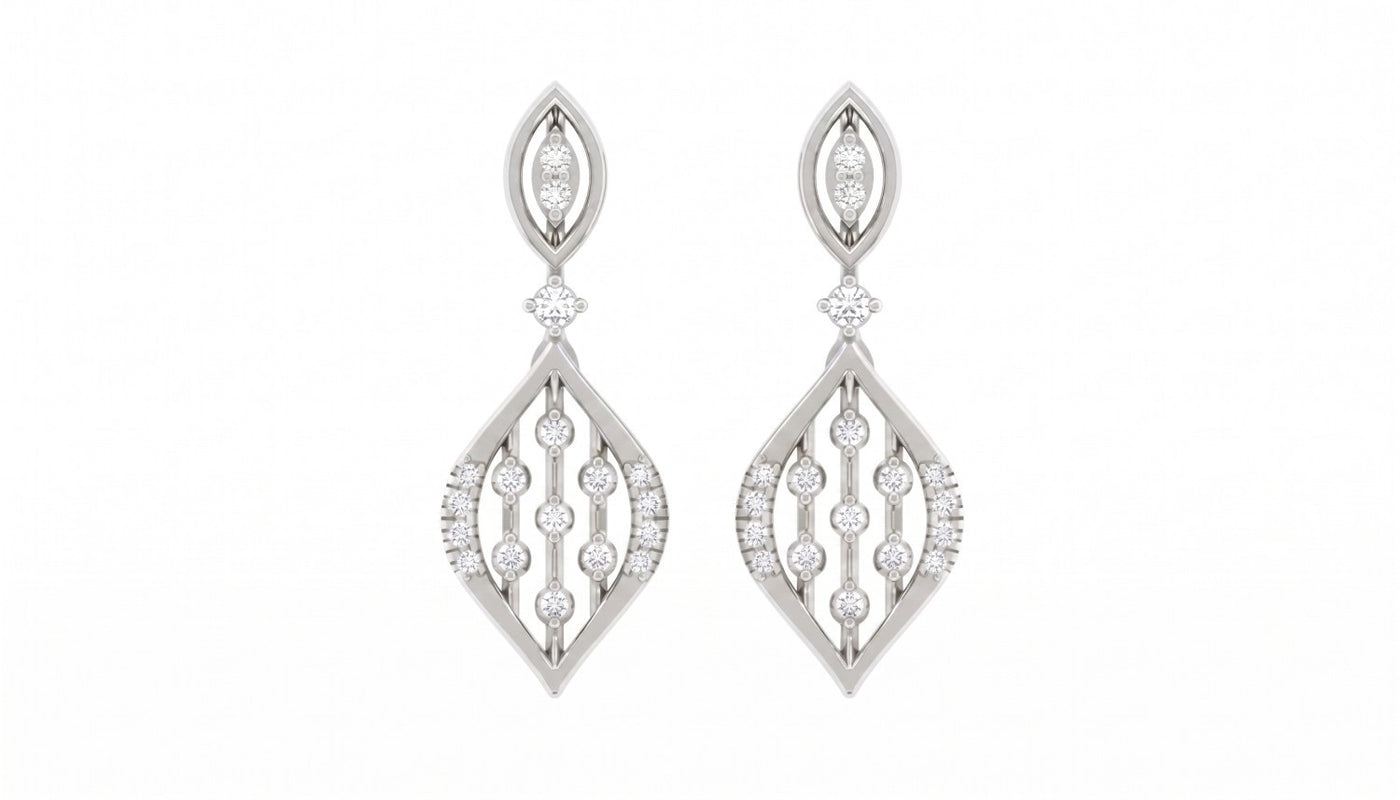White gold and diamond drop earrings on a white background