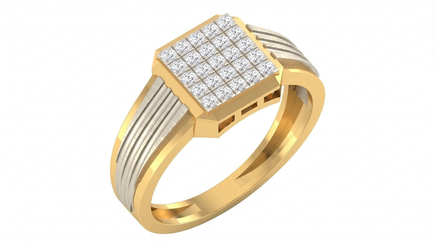 A yellow gold ring with a square diamond cluster setting, shown on a plain white background.
