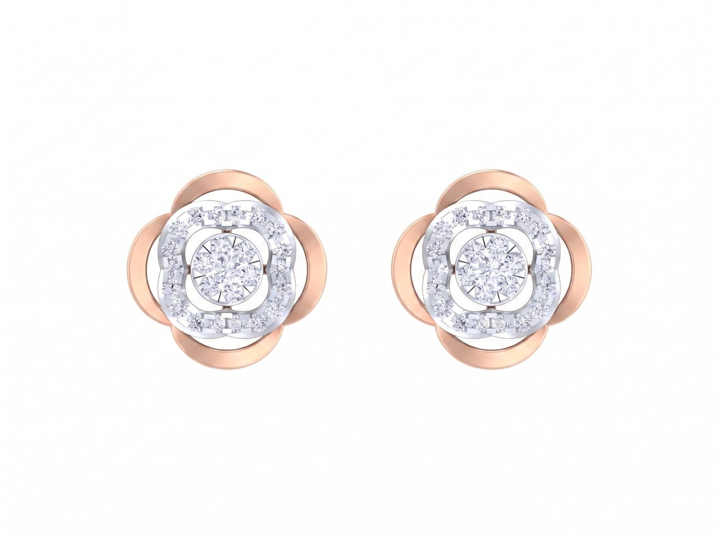 Pair of rose gold and diamond floral-design stud earrings on a white background.