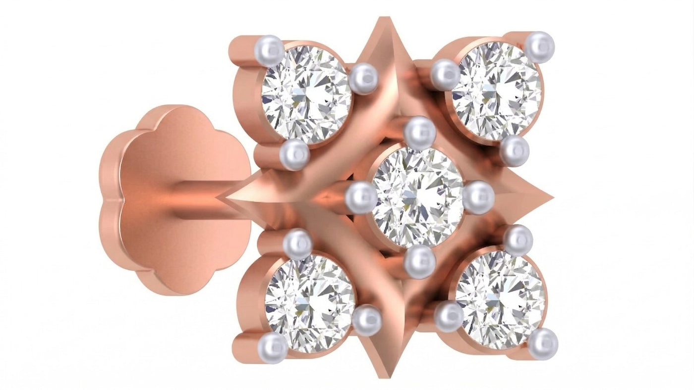 rose gold and diamond stud nose pin on a light blue white background