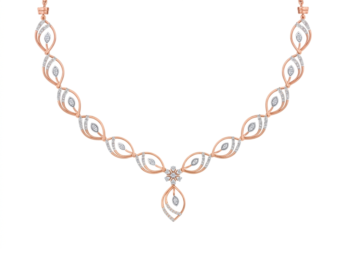 Rose gold and diamond necklace on a white background